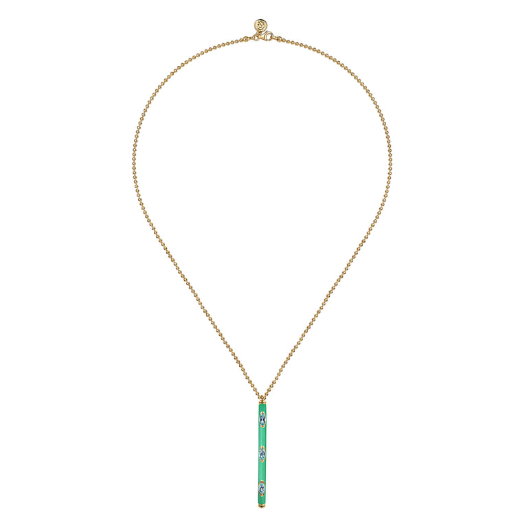 Enamel - 14K Yellow Gold Blue Topaz Bar Necklace with Mint Green Enamel - Shot 2