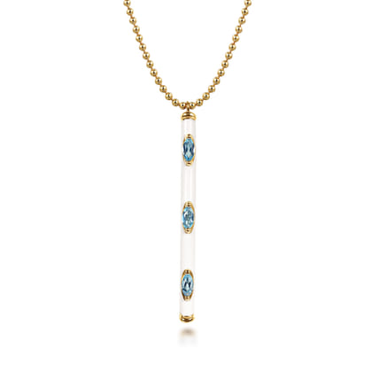 Enamel - 14K Yellow Gold Blue Topaz Bar Necklace with White Enamel