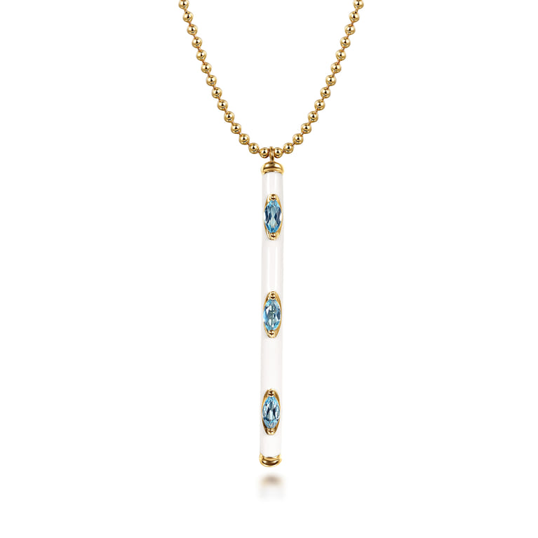 Enamel - 14K Yellow Gold Blue Topaz Bar Necklace with White Enamel - Shot 1