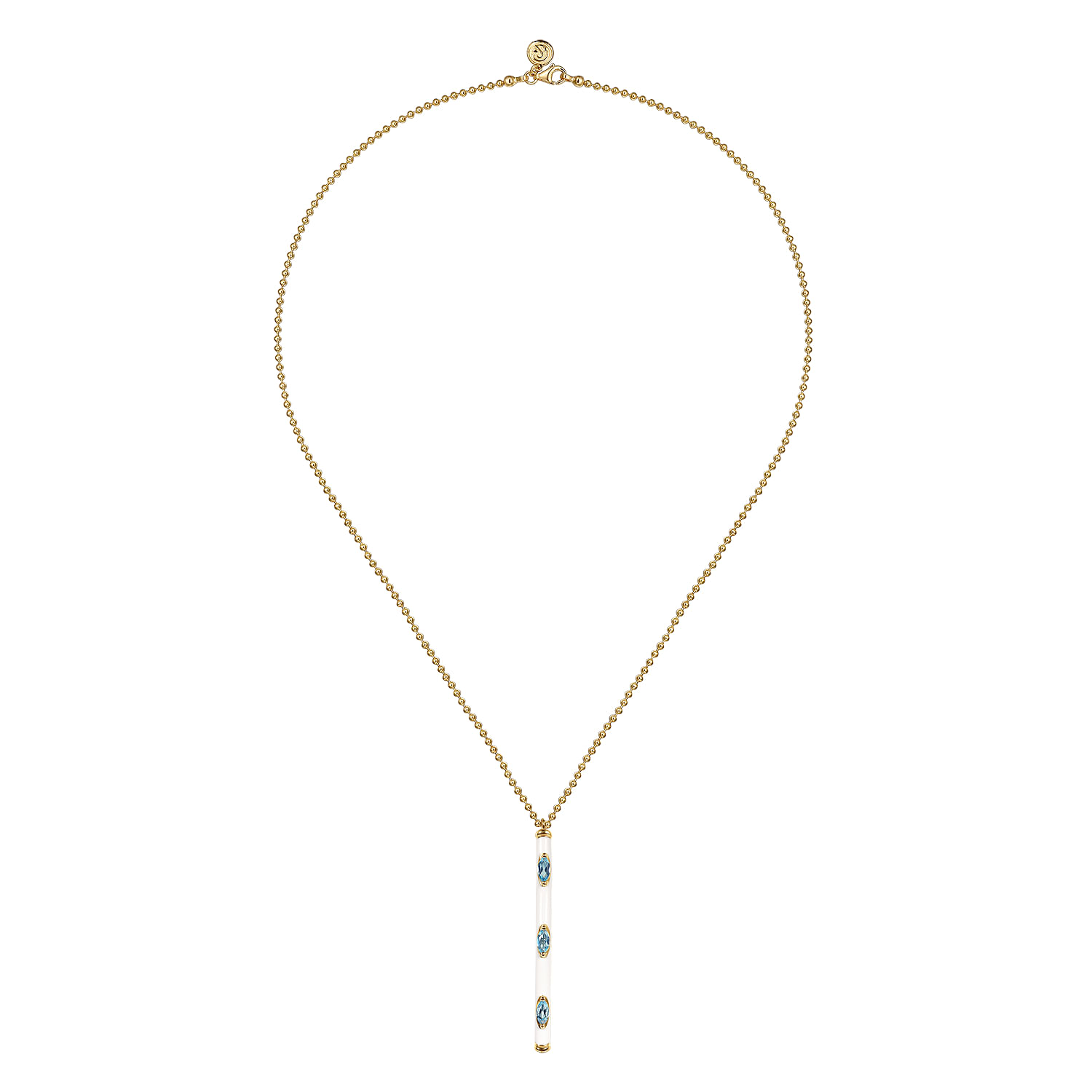 Enamel - 14K Yellow Gold Blue Topaz Bar Necklace with White Enamel
