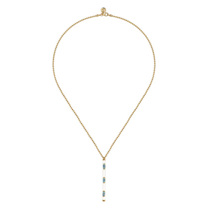 Enamel - 14K Yellow Gold Blue Topaz Bar Necklace with White Enamel