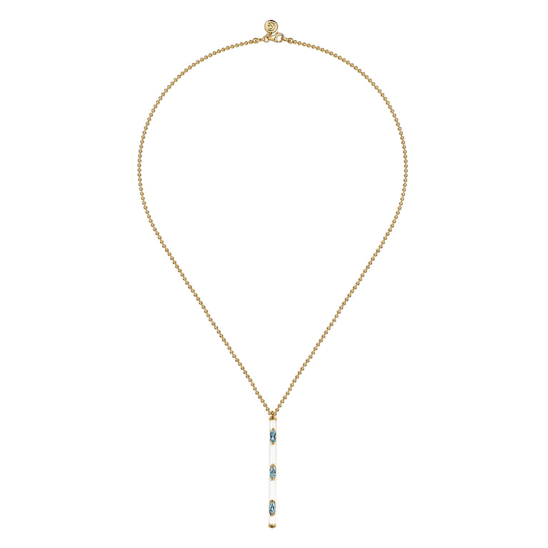 Enamel - 14K Yellow Gold Blue Topaz Bar Necklace with White Enamel - Shot 2