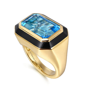 Enamel - 14K Yellow Gold Blue Topaz Cocktail Ring with Black Enamel