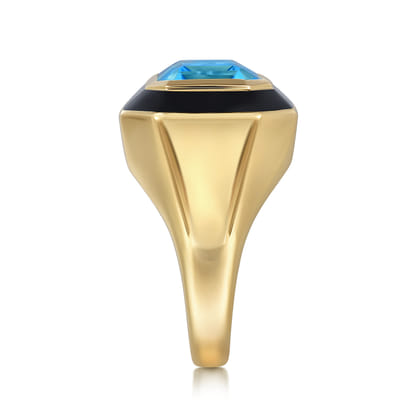 Enamel - 14K Yellow Gold Blue Topaz Cocktail Ring with Black Enamel