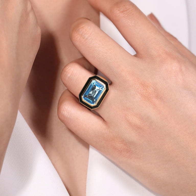 Enamel - 14K Yellow Gold Blue Topaz Cocktail Ring with Black Enamel - Shot 5
