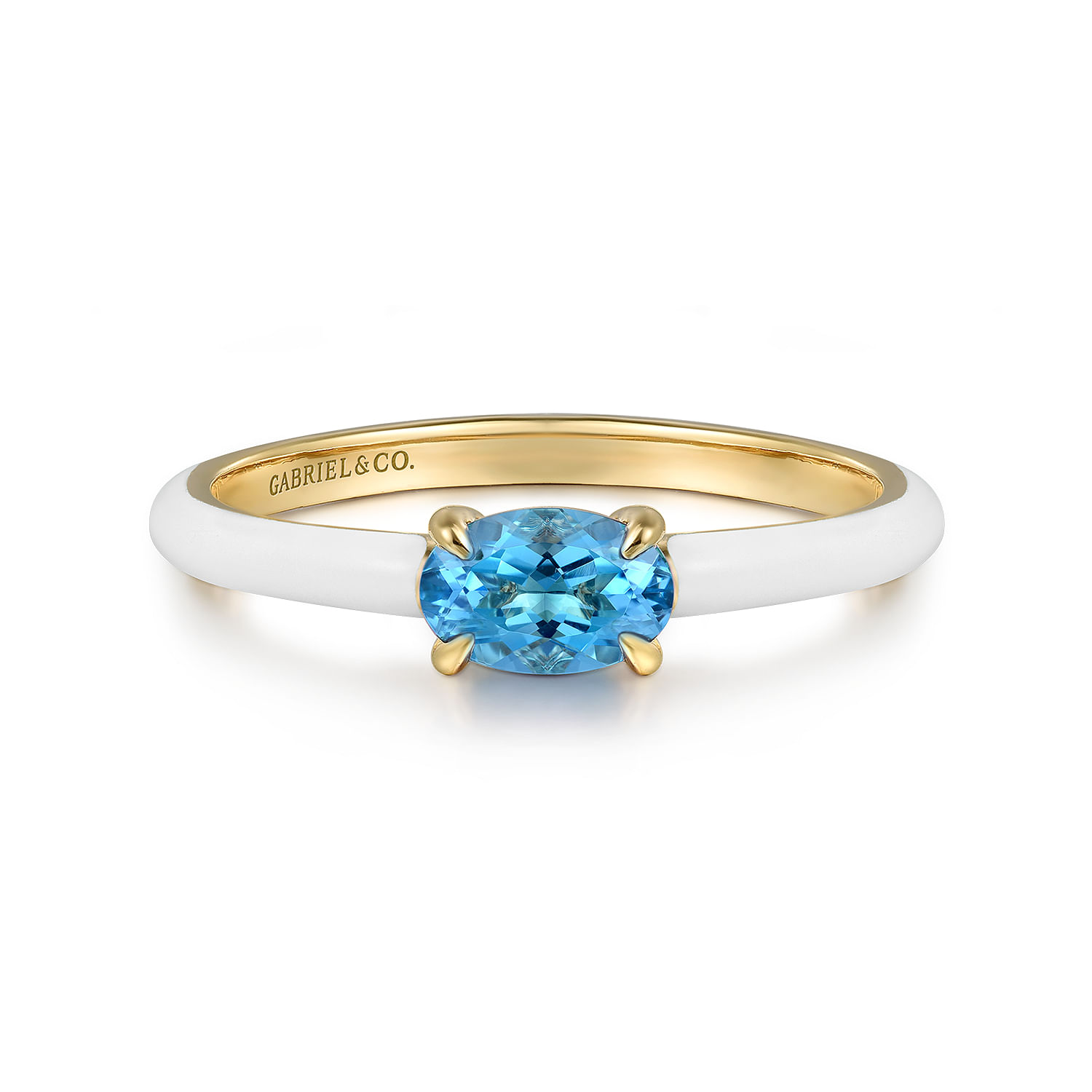 Enamel - 14K Yellow Gold Blue Topaz Cocktail Stackable with White Enamel