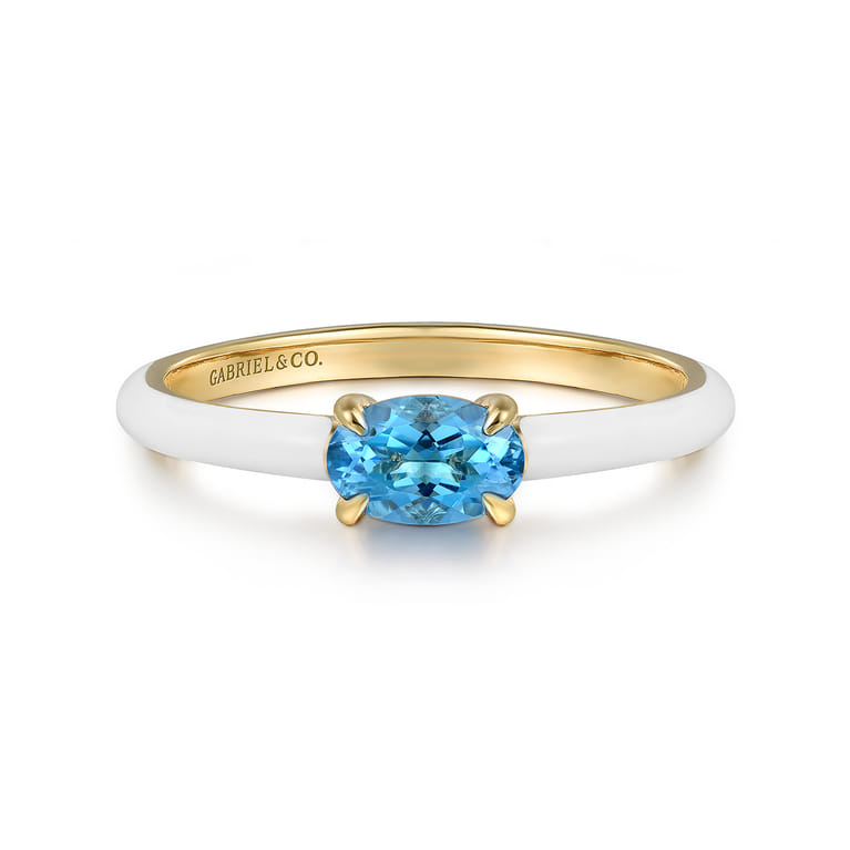 Enamel - 14K Yellow Gold Blue Topaz Cocktail Stackable with White Enamel - Shot 1