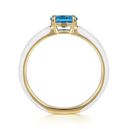Enamel - 14K Yellow Gold Blue Topaz Cocktail Stackable with White Enamel