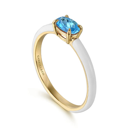 Enamel - 14K Yellow Gold Blue Topaz Cocktail Stackable with White Enamel