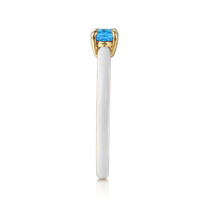 Enamel - 14K Yellow Gold Blue Topaz Cocktail Stackable with White Enamel