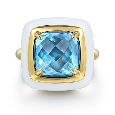 Enamel - 14K Yellow Gold Blue Topaz Cushion Cut Ladies Ring With Flower Pattern J-Back and White Enamel