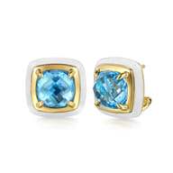 Enamel - 14K Yellow Gold Blue Topaz Earrings with White Enamel