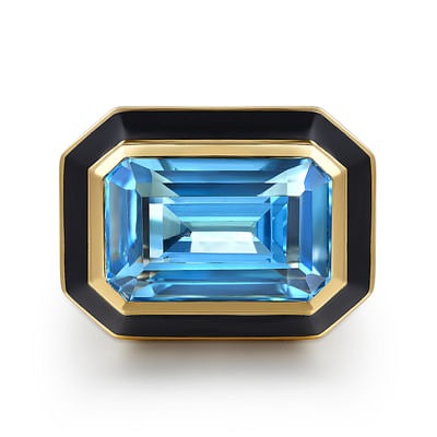 Enamel - 14K Yellow Gold Blue Topaz Emerald Cut Ladies Ring With Flower Pattern J-Back and Black Enamel