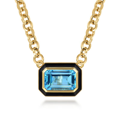 Enamel - 14K Yellow Gold Blue Topaz Emerald Cut Necklace With Flower Pattern J-Back and Black Enamel