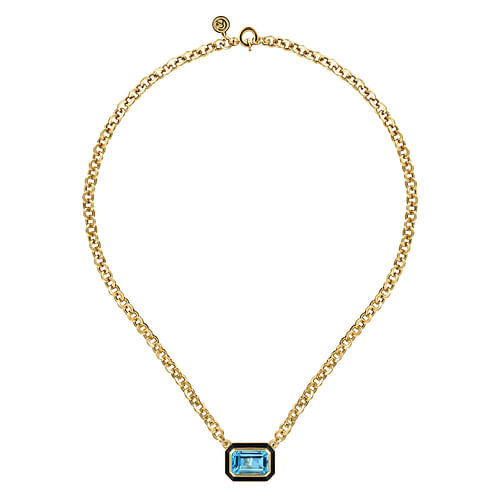 Enamel - 14K Yellow Gold Blue Topaz Emerald Cut Necklace With Flower Pattern J-Back and Black Enamel - Shot 2