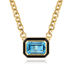 Enamel - 14K Yellow Gold Blue Topaz Necklace With Flower Pattern J-Back and Black Enamel