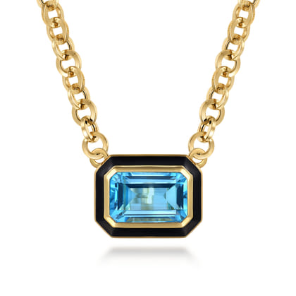Enamel - 14K Yellow Gold Blue Topaz Necklace With Flower Pattern J-Back and Black Enamel