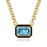 Enamel - 14K Yellow Gold Blue Topaz Necklace With Flower Pattern J-Back and Black Enamel