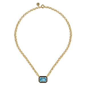 Enamel - 14K Yellow Gold Blue Topaz Necklace With Flower Pattern J-Back and Black Enamel