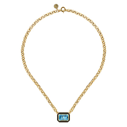 Enamel - 14K Yellow Gold Blue Topaz Necklace With Flower Pattern J-Back and Black Enamel