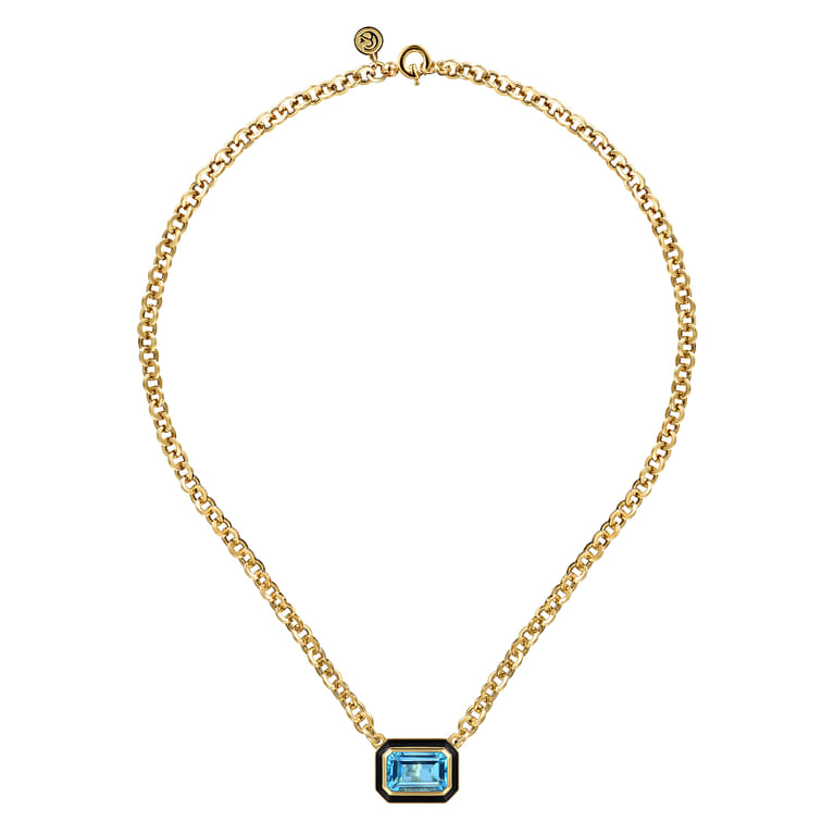 Enamel - 14K Yellow Gold Blue Topaz Necklace With Flower Pattern J-Back and Black Enamel - Shot 2