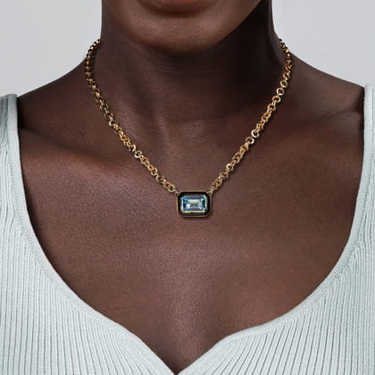 Enamel - 14K Yellow Gold Blue Topaz Necklace With Flower Pattern J-Back and Black Enamel