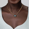 Enamel - 14K Yellow Gold Blue Topaz Necklace With Flower Pattern J-Back and Black Enamel