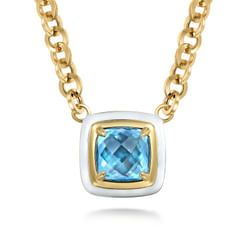 14K Yellow Gold Blue Topaz Necklace With Flower Pattern J-Back and White Enamel