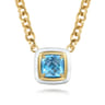 Enamel - 14K Yellow Gold Blue Topaz Necklace With Flower Pattern J-Back and White Enamel