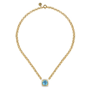 Enamel - 14K Yellow Gold Blue Topaz Necklace With Flower Pattern J-Back and White Enamel