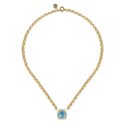 Enamel - 14K Yellow Gold Blue Topaz Necklace With Flower Pattern J-Back and White Enamel