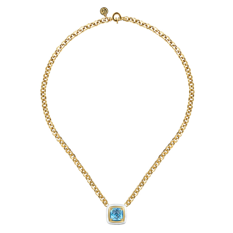 Enamel - 14K Yellow Gold Blue Topaz Necklace With Flower Pattern J-Back and White Enamel - Shot 2