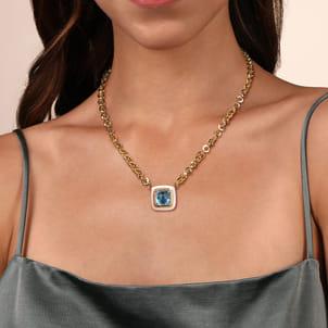 Enamel - 14K Yellow Gold Blue Topaz Necklace With Flower Pattern J-Back and White Enamel