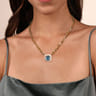 Enamel - 14K Yellow Gold Blue Topaz Necklace With Flower Pattern J-Back and White Enamel