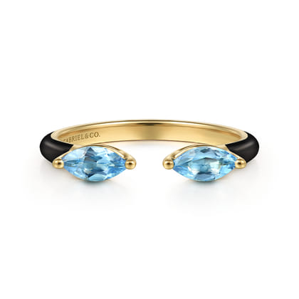 Enamel - 14K Yellow Gold Blue Topaz Open Stackable with Black Enamel