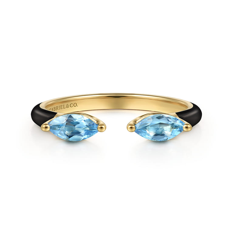 Enamel - 14K Yellow Gold Blue Topaz Open Stackable with Black Enamel - Shot 1