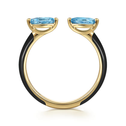 Enamel - 14K Yellow Gold Blue Topaz Open Stackable with Black Enamel