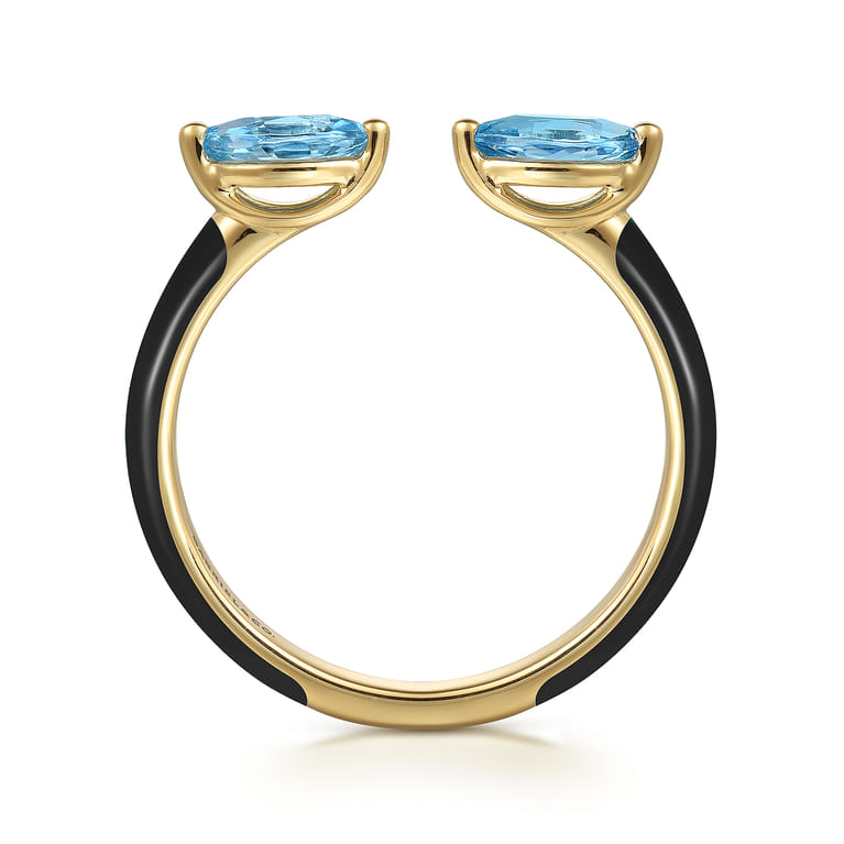 Enamel - 14K Yellow Gold Blue Topaz Open Stackable with Black Enamel - Shot 2