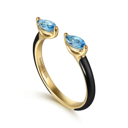 Enamel - 14K Yellow Gold Blue Topaz Open Stackable with Black Enamel