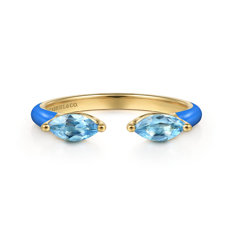 Enamel - 14K Yellow Gold Blue Topaz Open Stackable with Blue Enamel - Shot 1