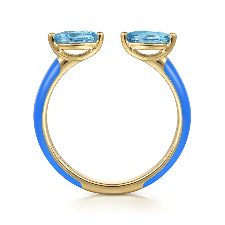 Enamel - 14K Yellow Gold Blue Topaz Open Stackable with Blue Enamel - Shot 2