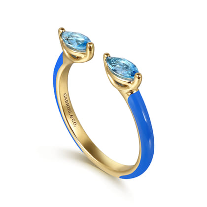Enamel - 14K Yellow Gold Blue Topaz Open Stackable with Blue Enamel