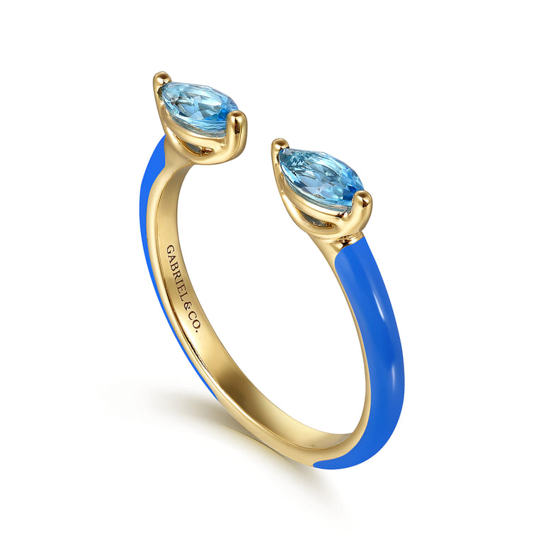 Enamel - 14K Yellow Gold Blue Topaz Open Stackable with Blue Enamel - Shot 3