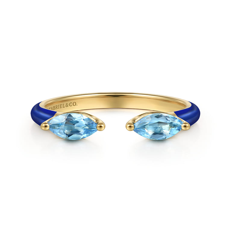 Enamel - 14K Yellow Gold Blue Topaz Open Stackable with Chrome Blue Enamel - Shot 1