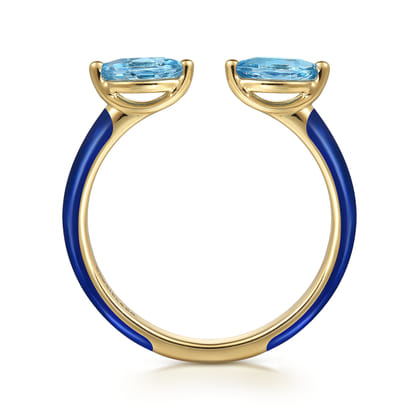 Enamel - 14K Yellow Gold Blue Topaz Open Stackable with Chrome Blue Enamel