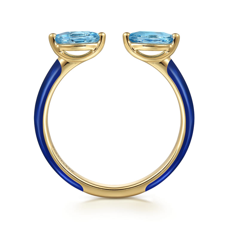 Enamel - 14K Yellow Gold Blue Topaz Open Stackable with Chrome Blue Enamel - Shot 2