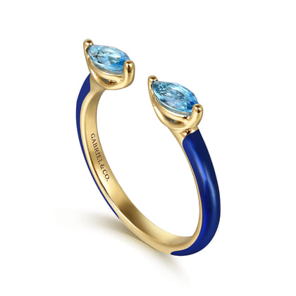 Enamel - 14K Yellow Gold Blue Topaz Open Stackable with Chrome Blue Enamel