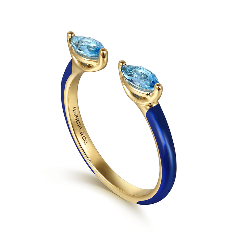 Enamel - 14K Yellow Gold Blue Topaz Open Stackable with Chrome Blue Enamel - Shot 3