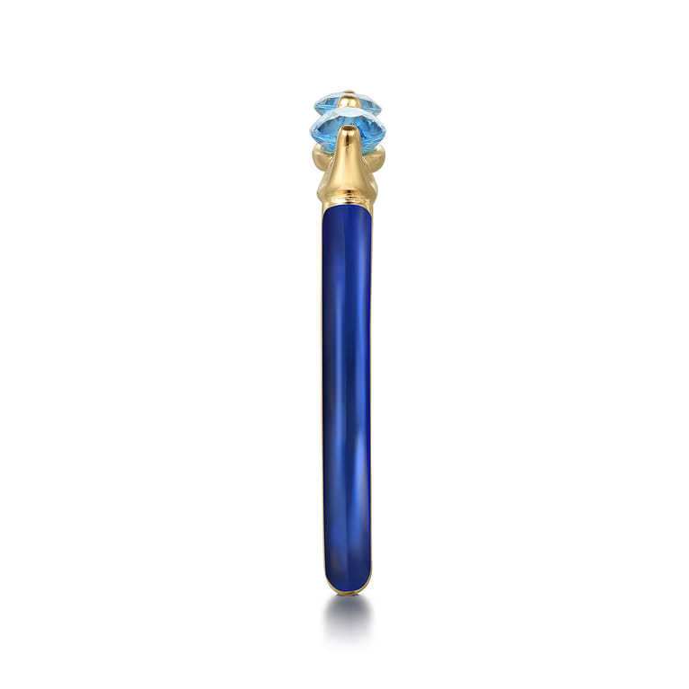 Enamel - 14K Yellow Gold Blue Topaz Open Stackable with Chrome Blue Enamel - Shot 4