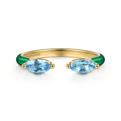 Enamel - 14K Yellow Gold Blue Topaz Open Stackable with Chrome Green Enamel